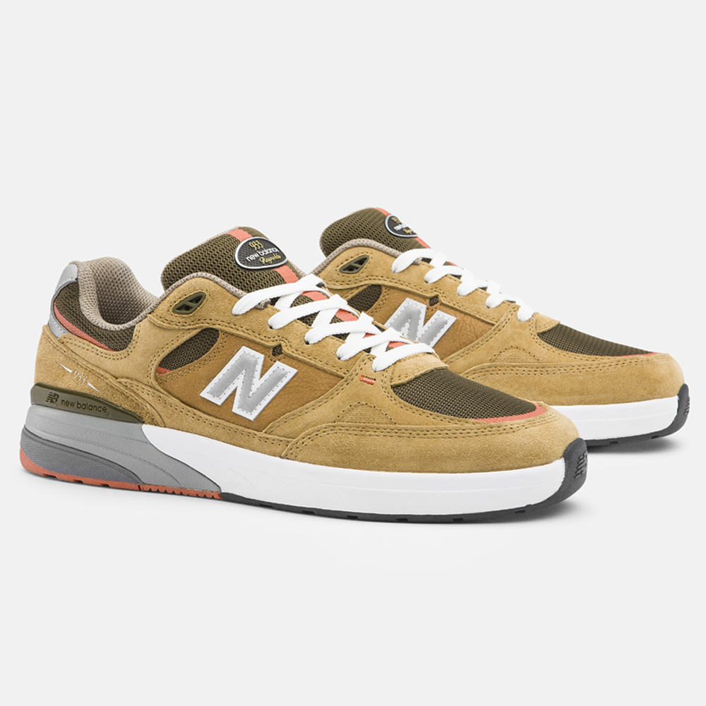 The 933 MNO Andrew Reynolds Brown Grey New Balance Numeric Skateboarding Shoes feature tan suede, olive green mesh panels, white laces, gray outsoles, and a bold white N logo for style and performance.