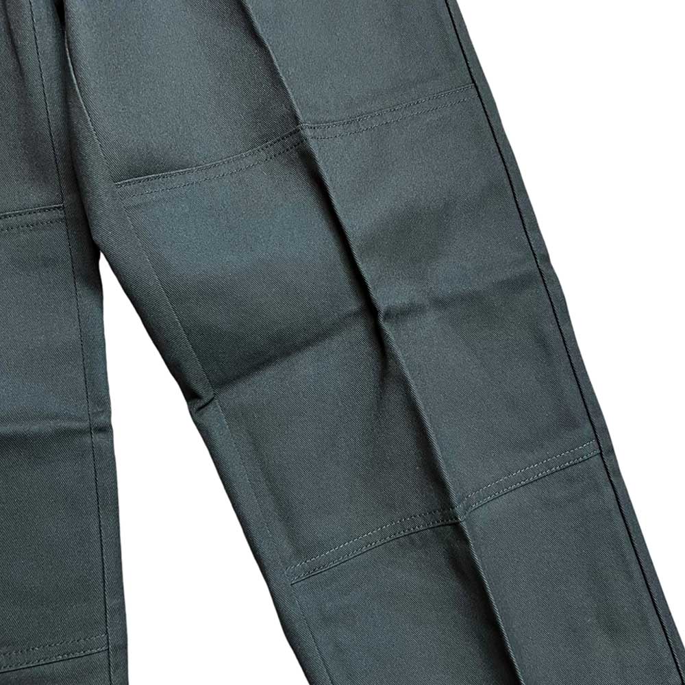 Close-up of A865R0OG Olive Spitfire Double Knee Dickies Skateboarding Pant in regular fit twill, showcasing double knee construction with visible stitching and seams for enhanced texture and detailed craftsmanship.