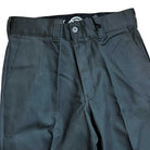 A close-up of the A865R0OG Olive Spitfire Double Knee Dickies Skateboarding Pant Regular Fit Twill, highlighting the waistband, button, belt loops, and part of the zipper. The smooth twill fabric has a slightly shiny finish.