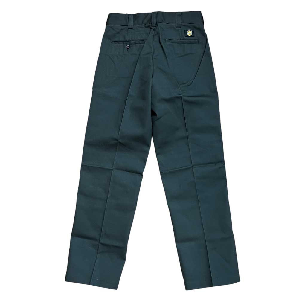 The A865R0OG Olive Spitfire Double Knee Dickies Skateboarding Pant, shown from the back on a white background, features buttoned back pockets, a small patch above the right pocket, and a regular fit twill double knee design.