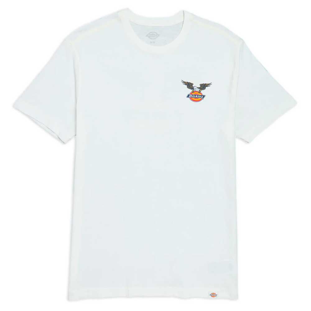 The A8713 United Short Sleeve Tee White by Dickies Skateboarding is a premium cotton T-shirt with a small left chest logo featuring an eagle above an orange and yellow Dickies emblem. Regular fit for everyday comfort.