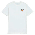 The A8713 United Short Sleeve Tee White by Dickies Skateboarding is a premium cotton T-shirt with a small left chest logo featuring an eagle above an orange and yellow Dickies emblem. Regular fit for everyday comfort.