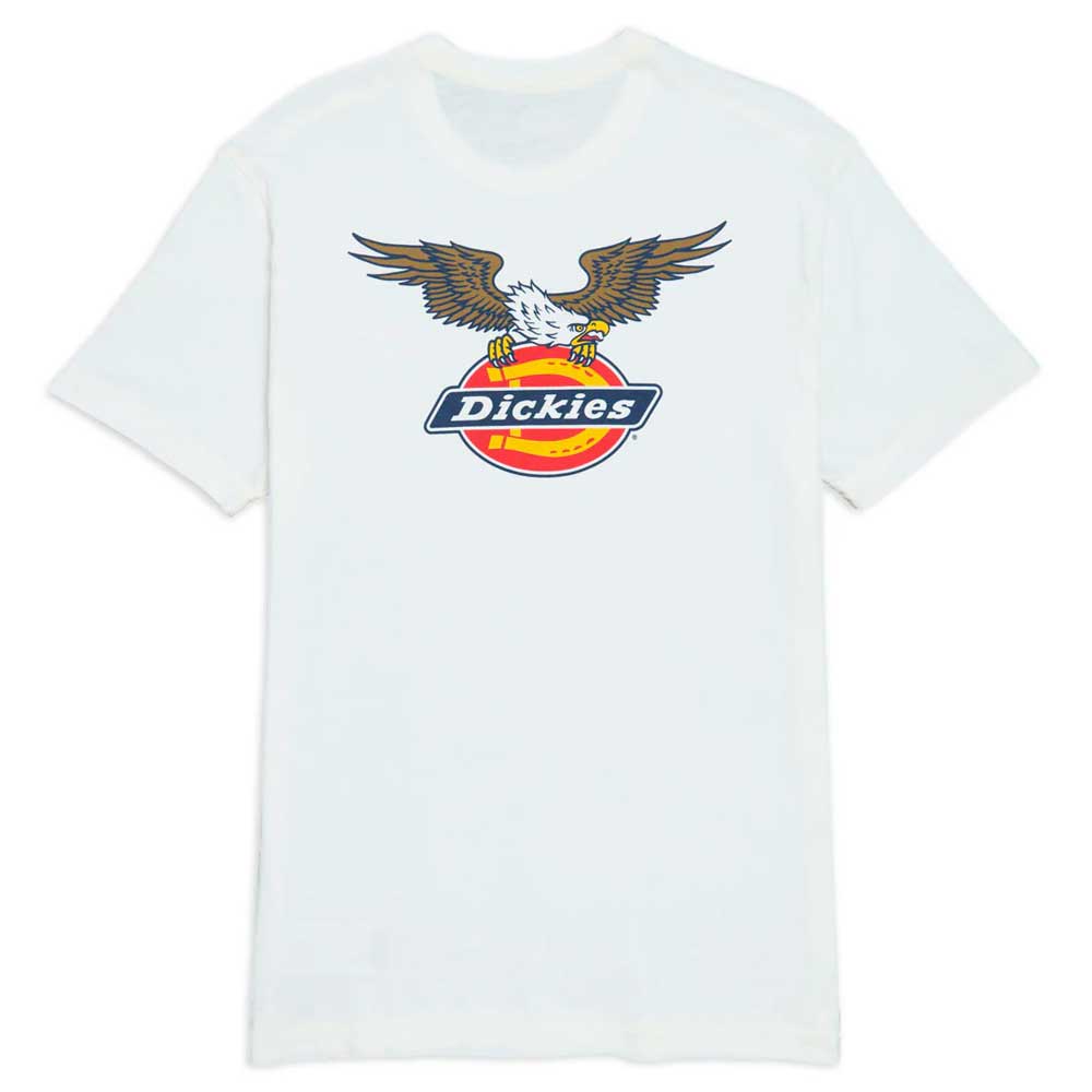 The A8713 United Short Sleeve Tee in white by Dickies Skateboarding features a regular fit and a premium screen-printed Dickies logo topped with a brown and white eagle with outspread wings.