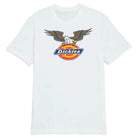 The A8713 United Short Sleeve Tee in white by Dickies Skateboarding features a regular fit and a premium screen-printed Dickies logo topped with a brown and white eagle with outspread wings.