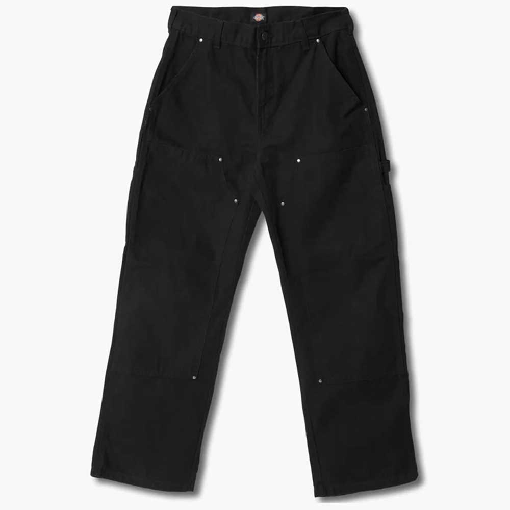 A87PE Black Double Knee Canvas Carpenter Pant by Dickies Skateboarding features a baggy fit, straight-leg cut, front and side pockets, and visible rivet details, displayed flat on a white background.