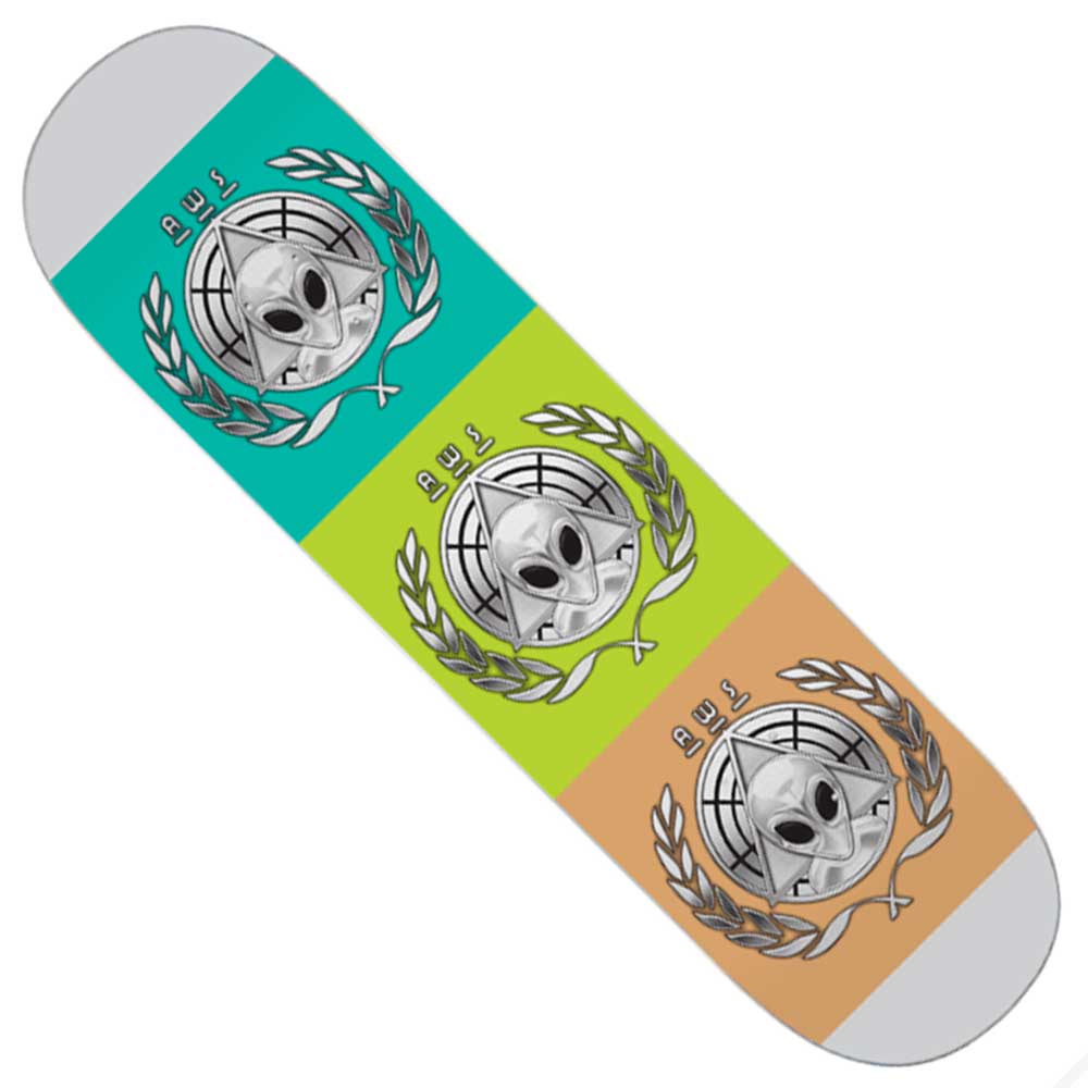 The AWOL 8.5 Alien Workshop Skateboard Deck Full Dip is made in Mexico and features three sections in green, teal, and tan, each displaying a silver alien head inside a laurel wreath with “AWS” above it.