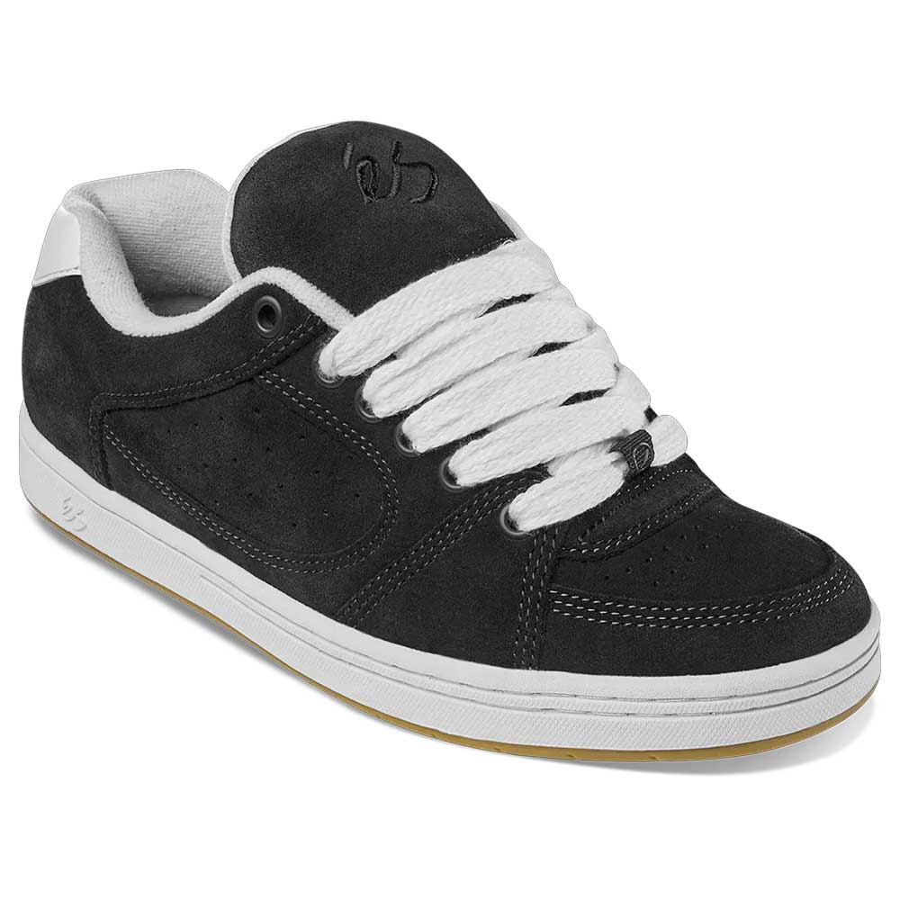 The Accel Black White Suede Es Shoes Skateboarding features a black suede upper, white laces, stitching, and sole, plus subtle logos—ideal for skateboarding fans.