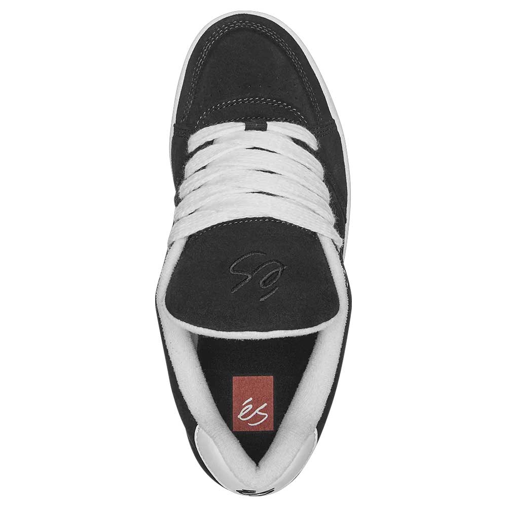 Top view of the Accel Black White Suede Es Shoes Skateboarding with white laces, a padded tongue featuring an embossed S, and a red insole with the és logo—ideal for skate enthusiasts.