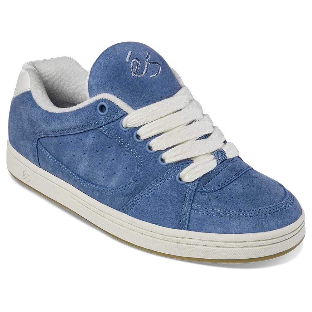 The Accel Blue White Suede Es Shoes Skateboarding feature thick white laces, white accents on heel and sole, stylized éS logos on tongue and side, and perforations for breathability—ideal for skateboarding.