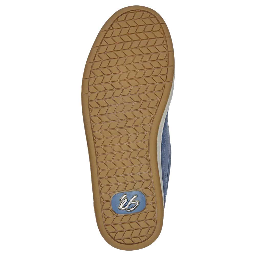The Accel Blue White Suede Es Shoes Skateboarding features a light blue upper and a light brown rubber sole with a honeycomb tread pattern and logo near the heel, as seen from the bottom.