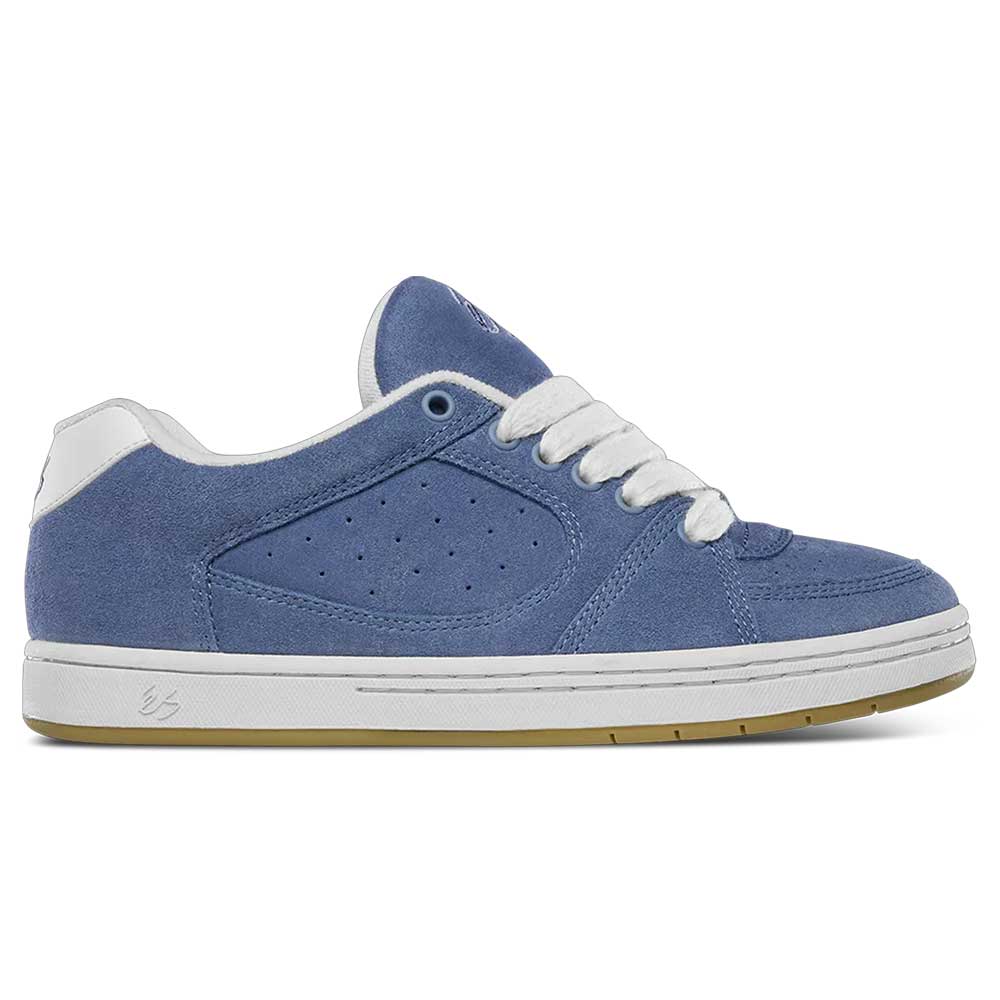 The Accel Blue White Suede Es Skateboarding Shoe features blue suede, white laces, a white sole, and white accents on the heel and ankle, displayed from the side against a plain background.