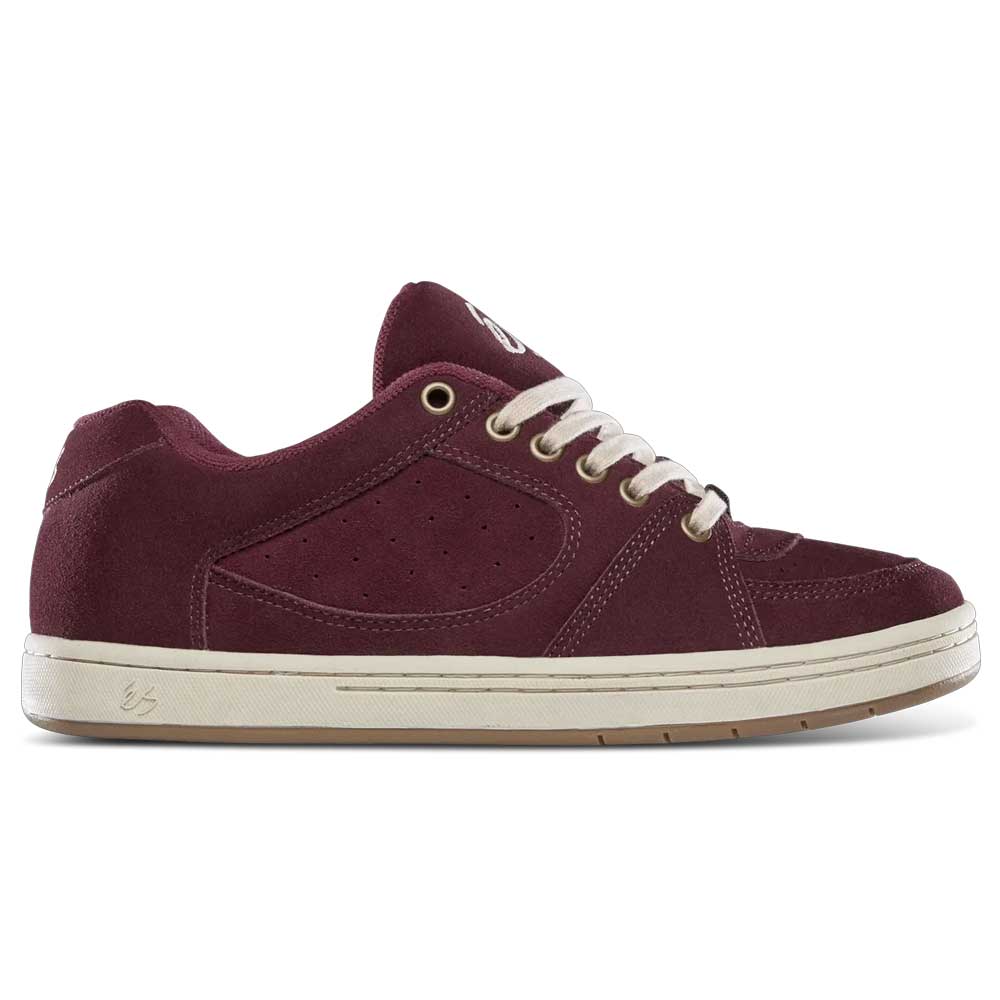 The Accel Burgundy White Suede Es Skateboarding Shoe features maroon suede, white laces and stitching, and a beige rubber sole, shown from the side against a white background.