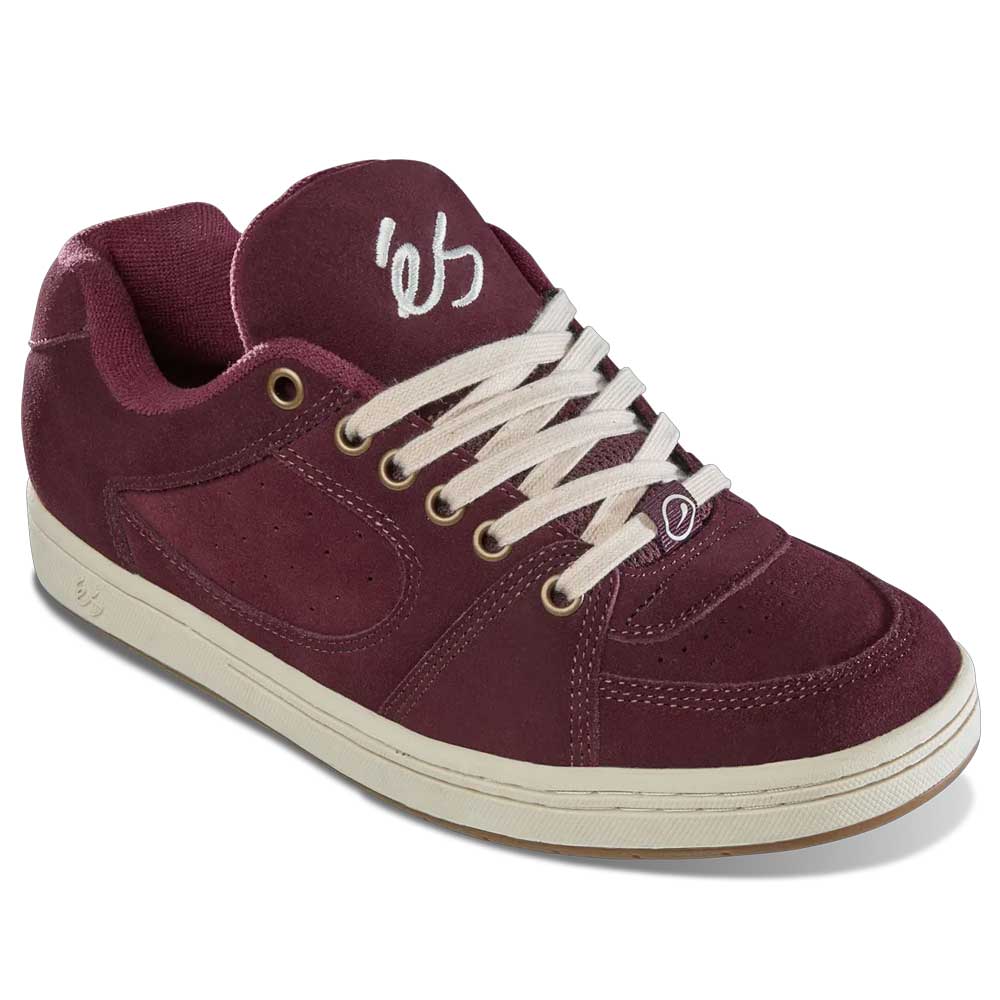 The Accel Burgundy White Suede Es Shoes feature white laces, a white tongue logo, gold eyelets, and a white rubber sole with a brown bottom—ideal for skateboarding.