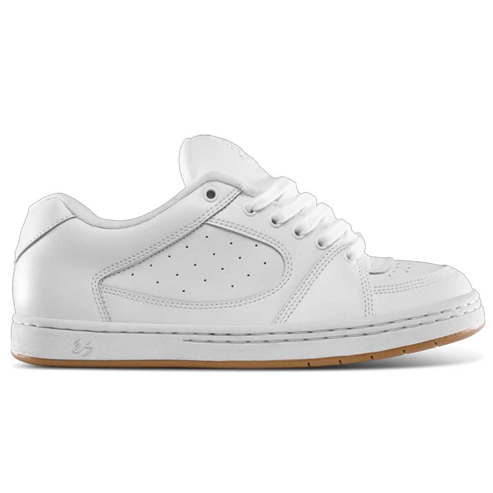 The Accel White Leather Es Shoes Skateboarding features a white low-top design, white laces, perforated side panels for ventilation, and a light brown rubber sole. Inspired by the éS Accel, it's built sturdy and ideal for skateboarding.