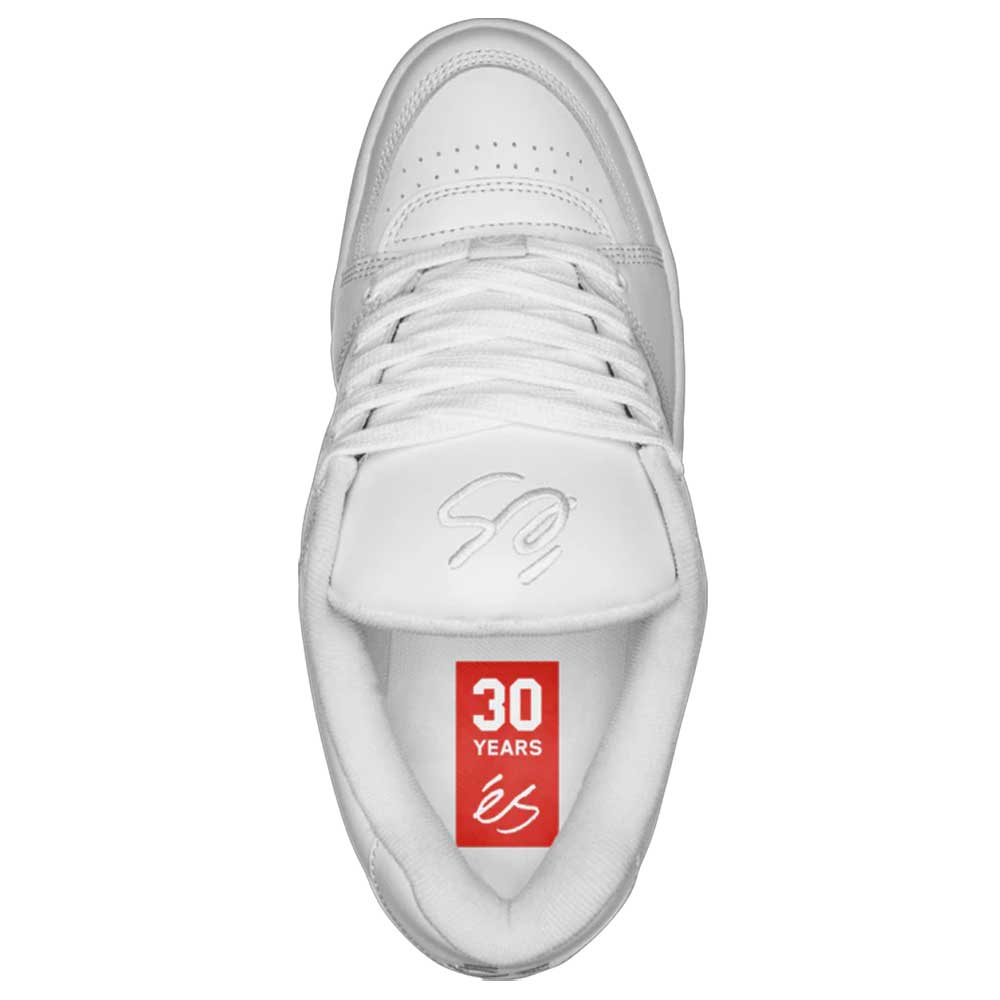 A top view of the Accel White Leather Es Skateboarding Shoe shows its signature-stitched tongue and a red insole label marked "30 YEARS éS.