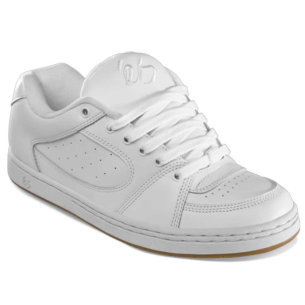 The Accel White Leather Es Shoes Skateboarding feature a minimal white low-top design with white laces, perforated side and toe accents, and a chunky sole—reminiscent of the iconic éS Accel, perfect for skateboarding.