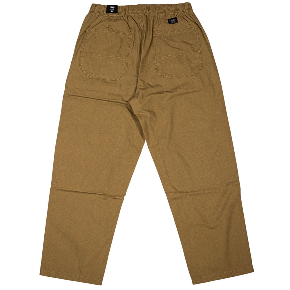 Vans Addison Barrel Olive Brown VN0010HYOVB pants featuring an elastic waistband and two large back pockets, inspired by loose-fit denim silhouettes, are laid flat on a white background.