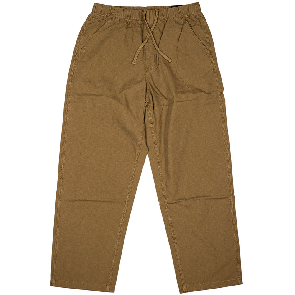 Vans Addison Barrel Olive Brown VN0010HYOVB Pants—loose-fit, straight-leg trousers with an elastic waistband and drawstring, two side pockets, and a relaxed skate-inspired silhouette—are shown laid flat on a white background, offering all-day comfort.