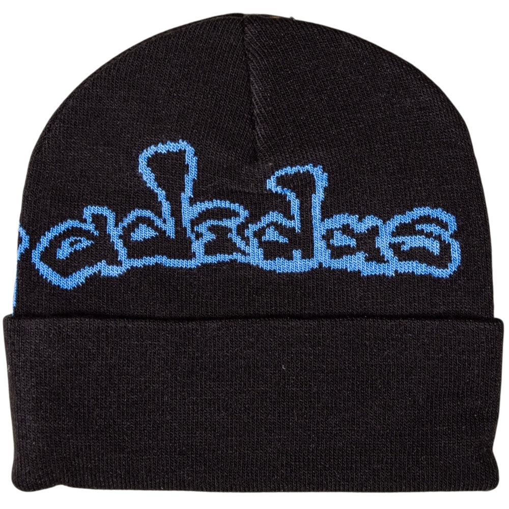 The Kogan Beanie Black Blue KE9041 from Adidas Skateboarding features a black loose knit with blue graffiti-style "adidas" text above a folded cuff.