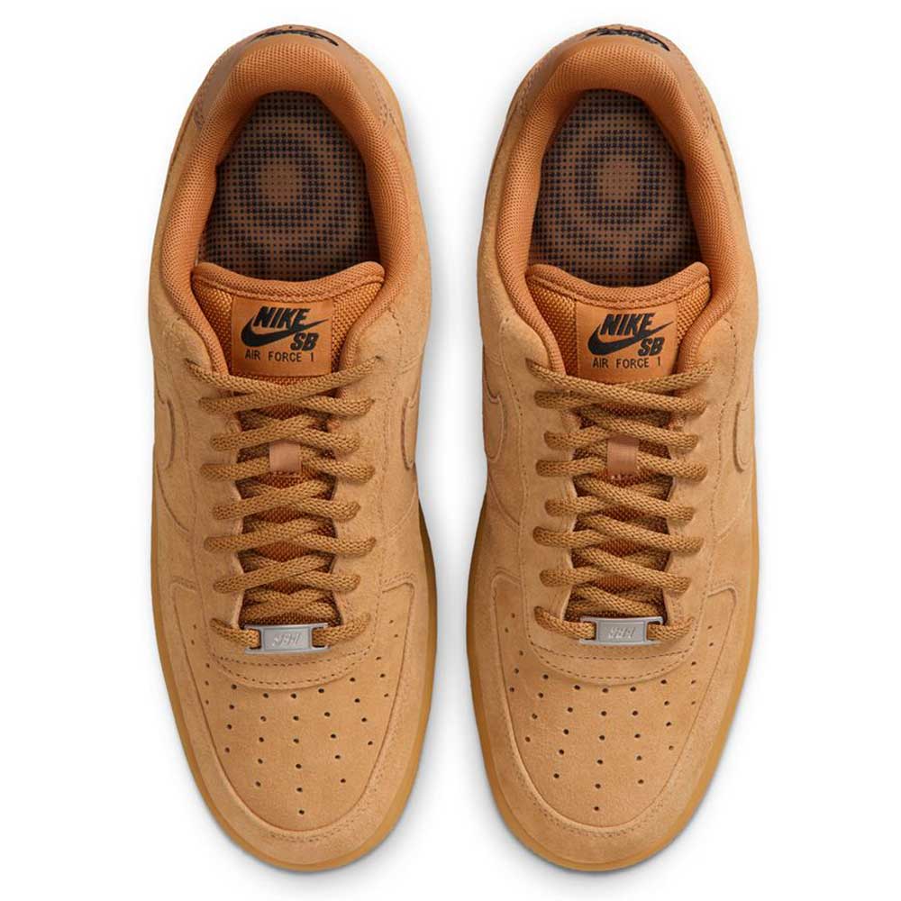 Top view of Nike SB Air Force 1 Flax Black Gum Light Brown HM8517200 suede skateboarding shoes with brown laces, perforated toe boxes, and Nike logos on the tongues and insoles for classic style and comfort.