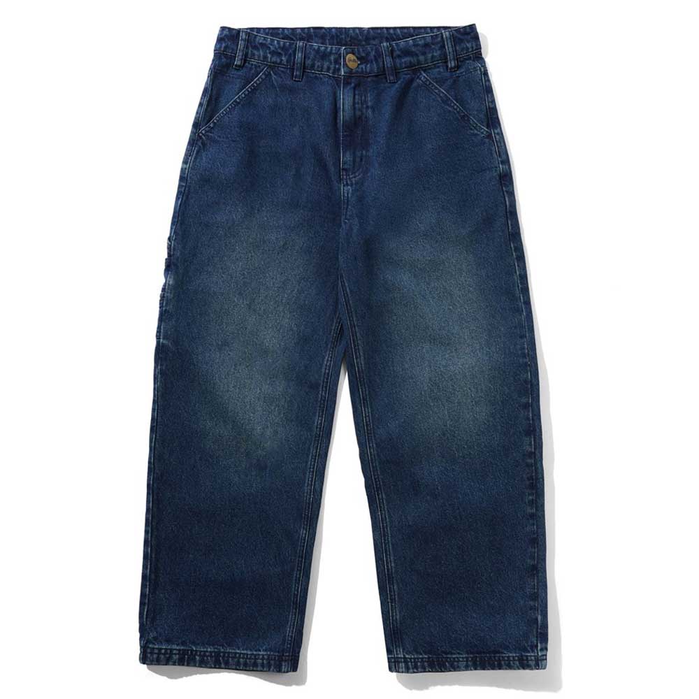 Aleka Dark Indigo Denim Jeans by Butter Goods feature a high-waisted, straight-leg loose fit in cotton denim with front pockets and a button closure, shown laid flat on a white background.