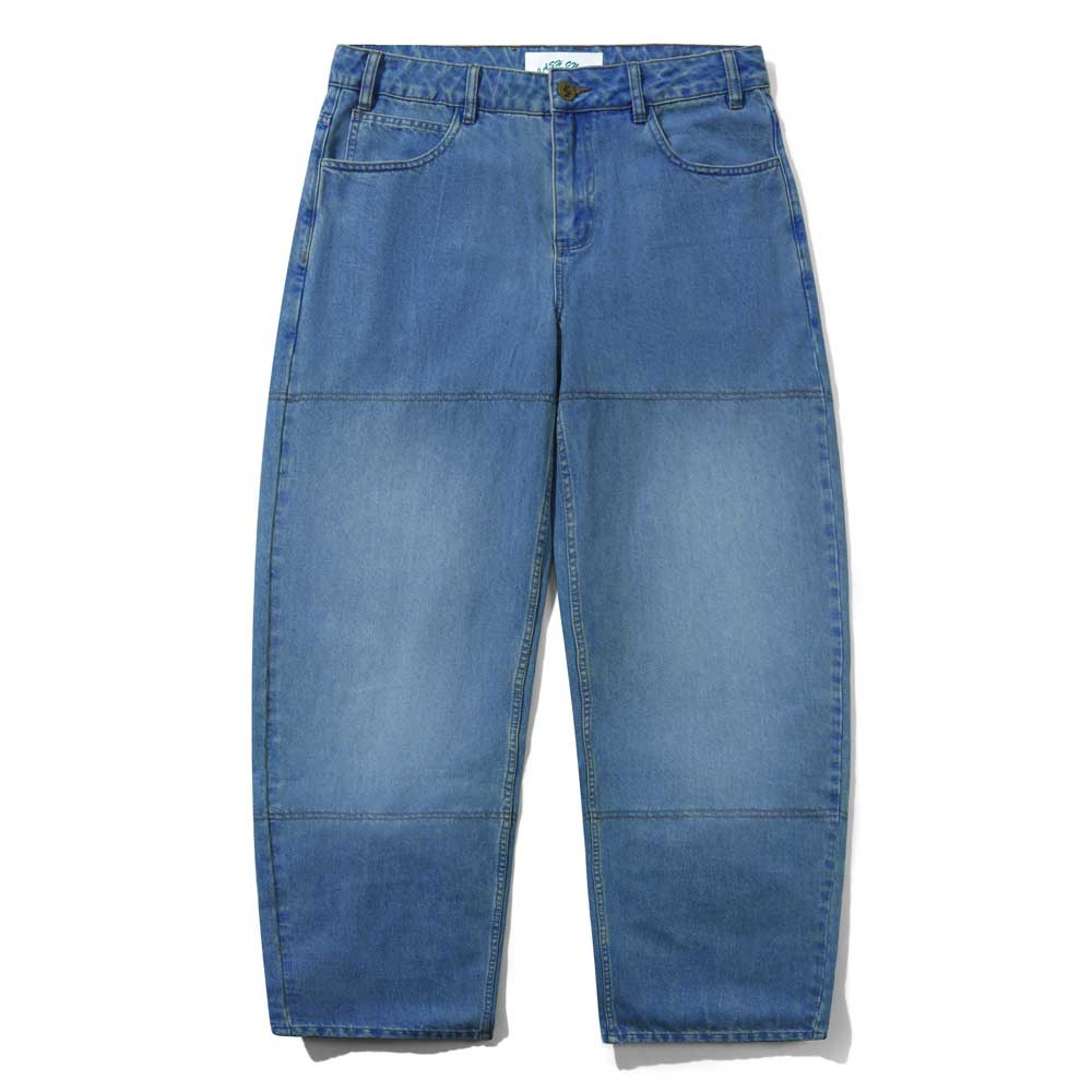 The Aleka Denim Jeans Distressed Mid Blue Cash Only COD153201 feature a relaxed fit, visible horizontal seam details on the thighs and knees, and are shown laid flat on a white background.