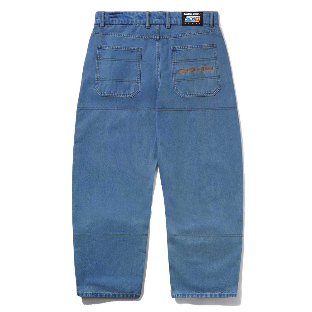 Aleka Denim Jeans Distressed Mid Blue Cash Only COD153201 shown from the back, with two patch pockets, visible stitching, a Carhartt logo patch above the right pocket, and a relaxed straight-leg fit.