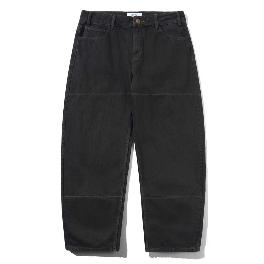 Aleka Denim Jeans Flat Black Cash Only COD153202: Loose-fit black denim with front/back pockets, button closure, visible knee stitching, and slightly cropped straight-cut legs.