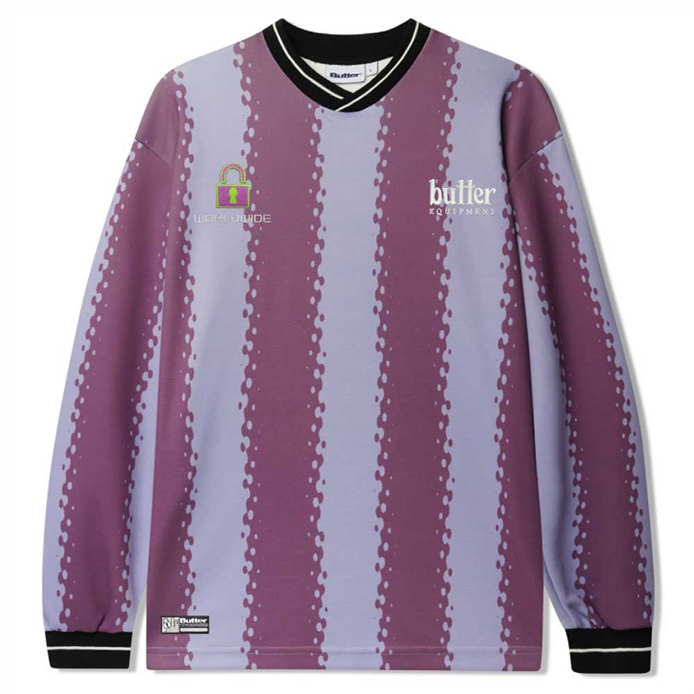 The All City Grape Redwood Jersey Longsleeve Butter Goods Top features vertical wavy purple and lavender stripes, a black collar and cuffs, plus chest logos: WEARGUIDE, butler, and a green padlock.