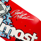 A close-up of the Almost Round Three Rodney Mullen Daewon Song Skateboard Deck 7.4x31 Signed Collectible, featuring red, white, and blue graphics with a silver signature above the word "Almost.