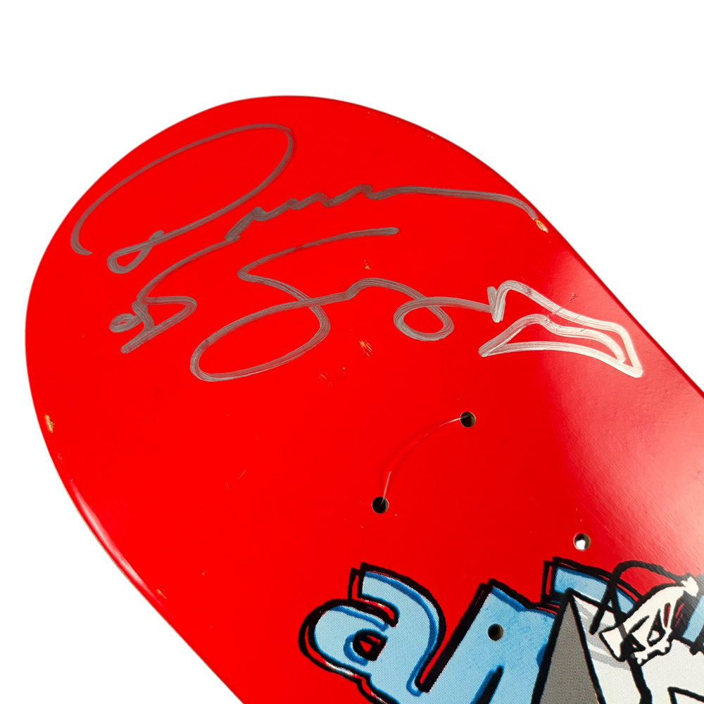The Almost Round Three Rodney Mullen Daewon Song Skateboard Deck 7.4x31 features a red design, colorful bottom edge graphic, and a silver autograph—making it a standout signed collectible.