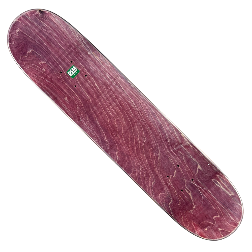 A signed Almost Round Three Rodney Mullen Daewon Song Skateboard Deck 7.4x31 collectible features a reddish-purple stained wood finish with a small green and white logo near the center, displayed on a white background.