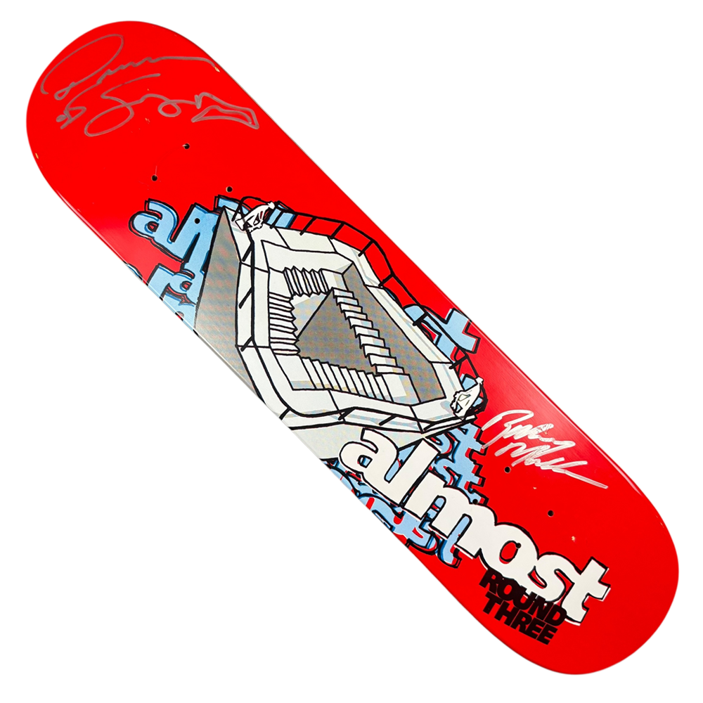 The Almost Round Three Rodney Mullen Daewon Song Skateboard Deck 7.4x31 is a red deck with a white geometric design, blue graffiti accents, and two white autographs, making it a signed collectible.