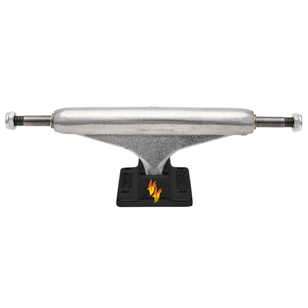 The Andrew Allen Hollow Silver Black Standard INDY 149 Stage 11 Trucks (set of two) feature a textured silver finish, a black baseplate with yellow and red lightning bolt graphics, and are shown from the front against a white background.