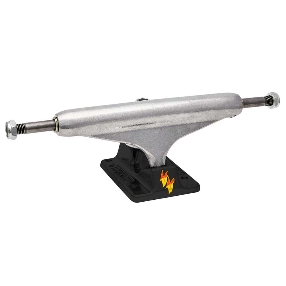 The Andrew Allen Hollow Silver Black Standard INDY 149 Stage 11 Trucks Set of TWO is shown from the side, featuring a silver hanger, black baseplate, and yellow-red flame graphic, all set against a white background.