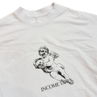 The Angel Tee White Income Taxes is a white premium USA cotton t-shirt with a black cherub sketch holding a mask and "INCOME TAXES" printed below—the perfect standout streetwear piece.