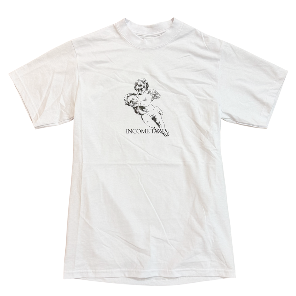 The Angel Tee White Income Taxes is a USA cotton t-shirt with a cherub holding a scroll above bold INCOME TAXES text on the center front, styled for streetwear.