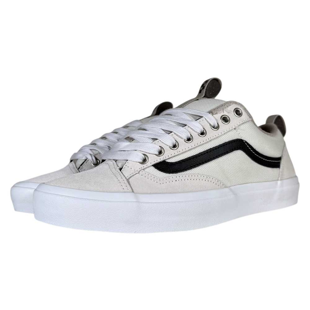 A pair of Antique White Black Skate Old Skool 36+ Vans Suede Shoes with black side stripes, white laces, and white rubber soles, shown side by side on a plain background.