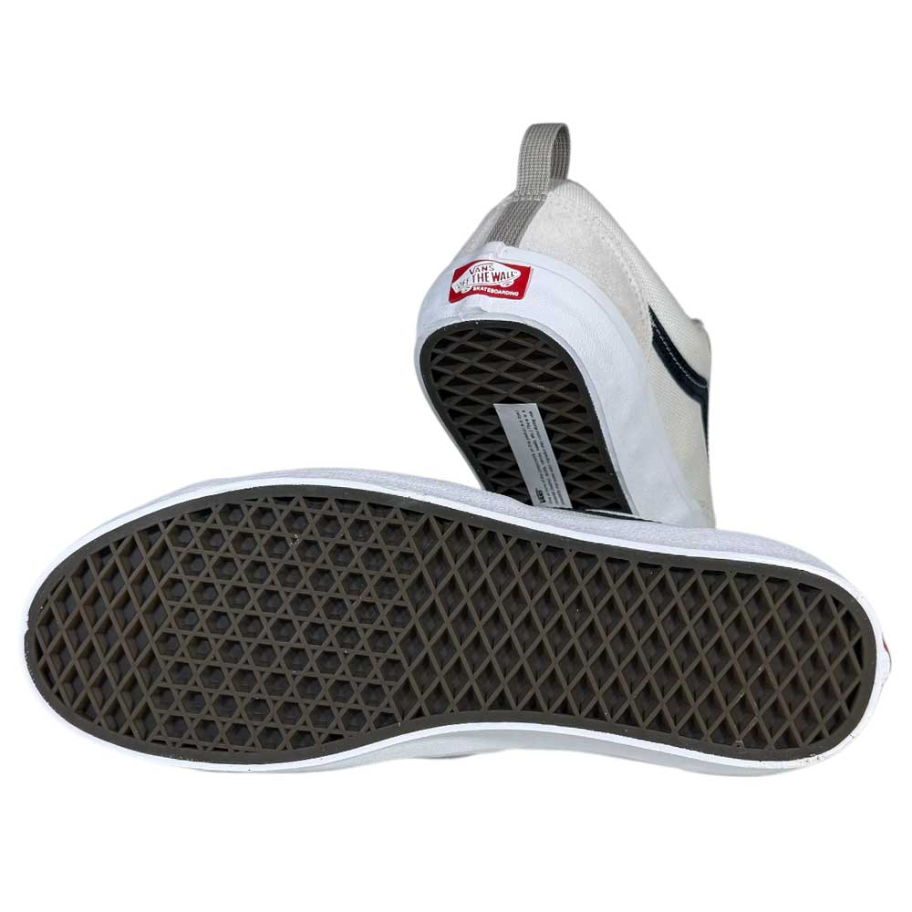 A pair of Antique White Black Skate Old Skool 36+ Vans Suede Shoes, one upright and one on its side showing the brown waffle-patterned sole and red Vans Off the Wall heel logo.