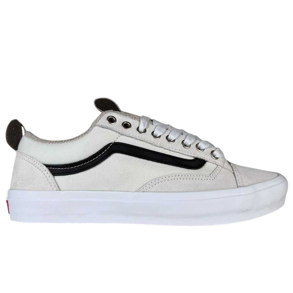 The Antique White Black Skate Old Skool 36+ Vans Suede Shoes are low-top sneakers in white with a black stripe, white laces, metal eyelets, a thick white sole, and a small red logo patch on the heel.