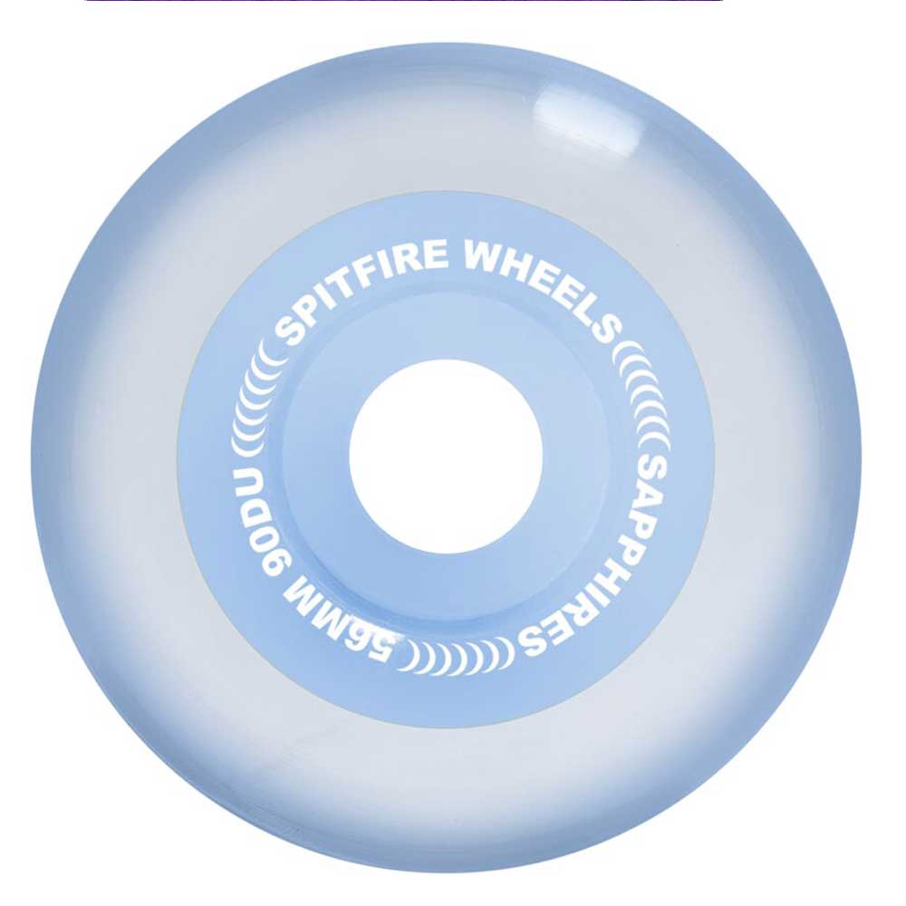 A light blue skateboard wheel from Spitfire Wheels, the Yuto Horigome April 54mm 99A model, features its name written in white around the center hole. The wheel has a translucent appearance and a smooth, glossy surface, making it a standout choice for skateboarding wheels enthusiasts.