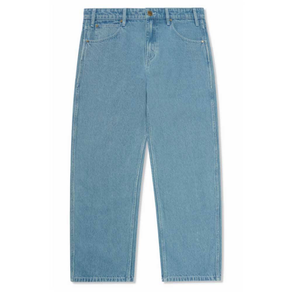 The Art Mid Blue Denim Jeans by Butter Goods feature a straight-leg fit, classic five-pocket design, belt loops, and a button-zip fly—ideal for fans of signature Butter Goods style.