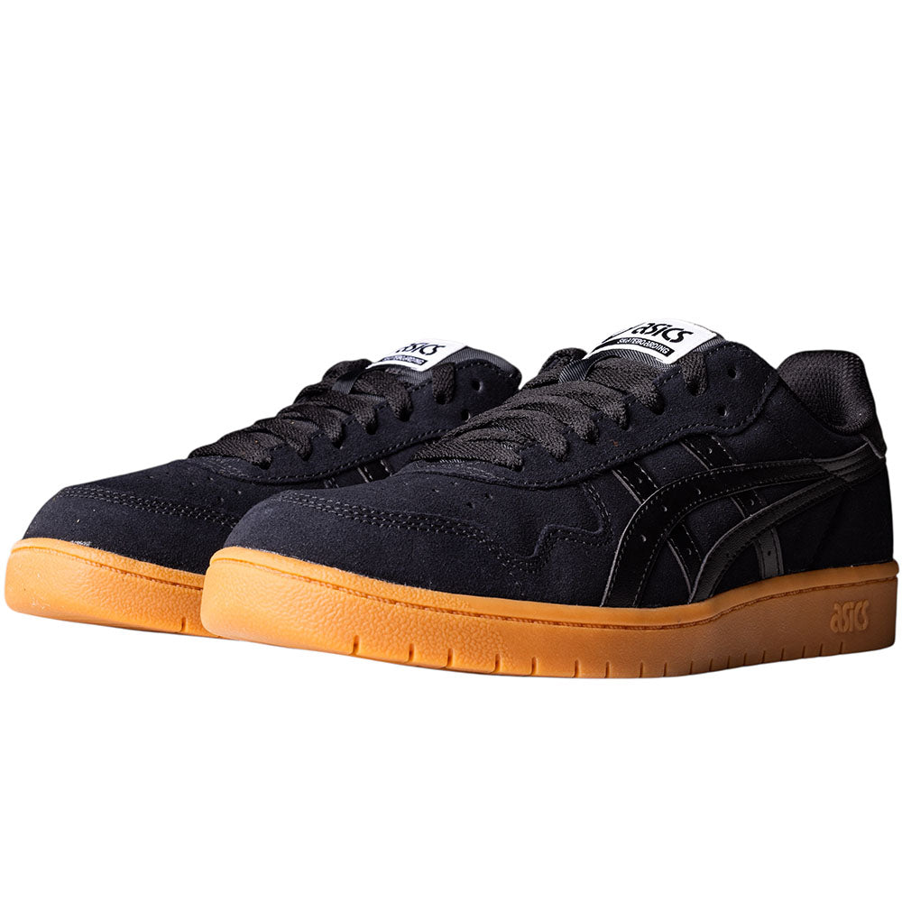 A pair of Japan Pro Asics Black Tan Presido 1201A920003 suede skateboarding shoes with black laces, white tongue labels, and gum-colored soles, displayed on a white background.