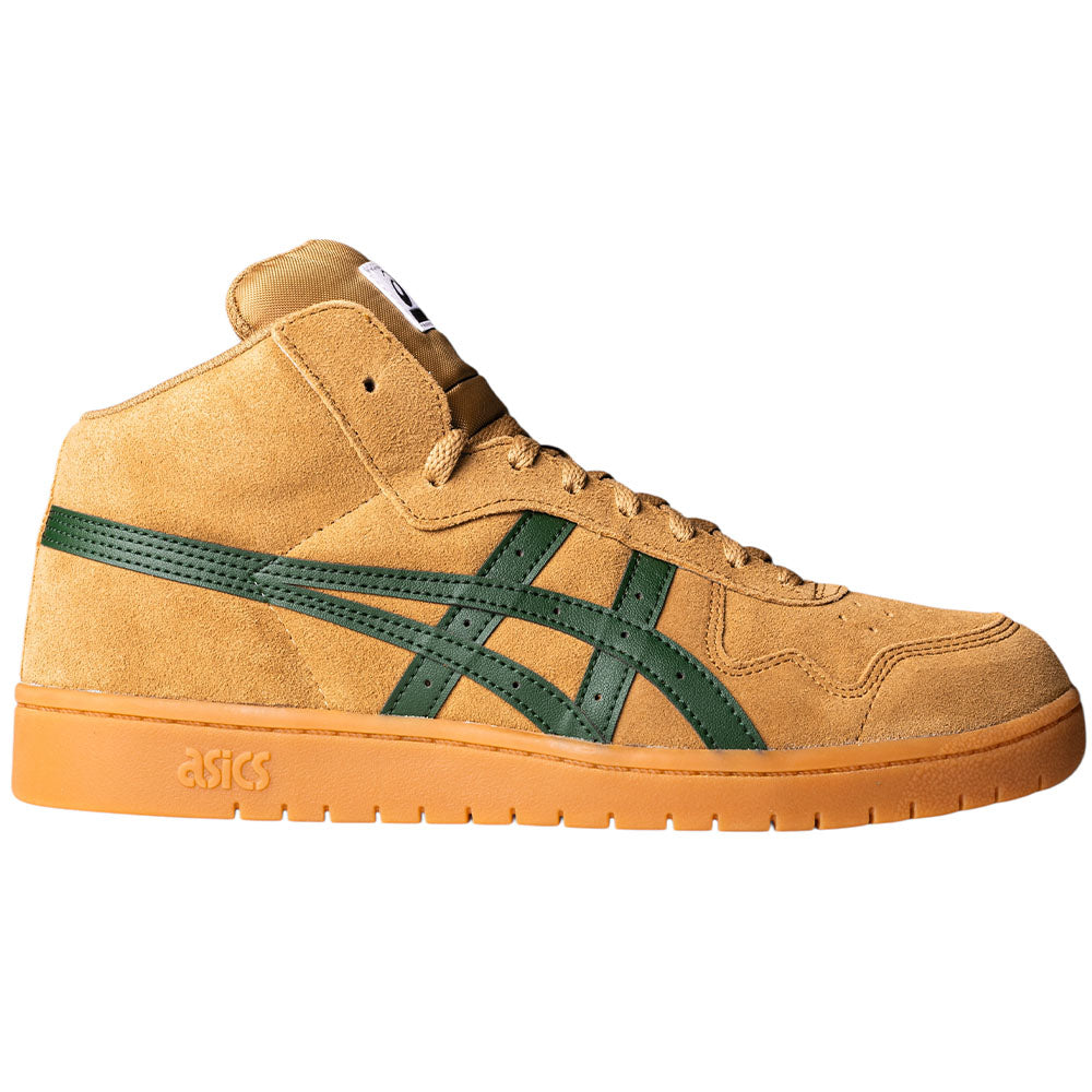 The Japan Pro MT Asics Walnut Forest Night 1201B033200 suede skateboarding shoe features a tan high-top design with green Asics stripes and a light brown rubber sole, shown from the side on a white background.