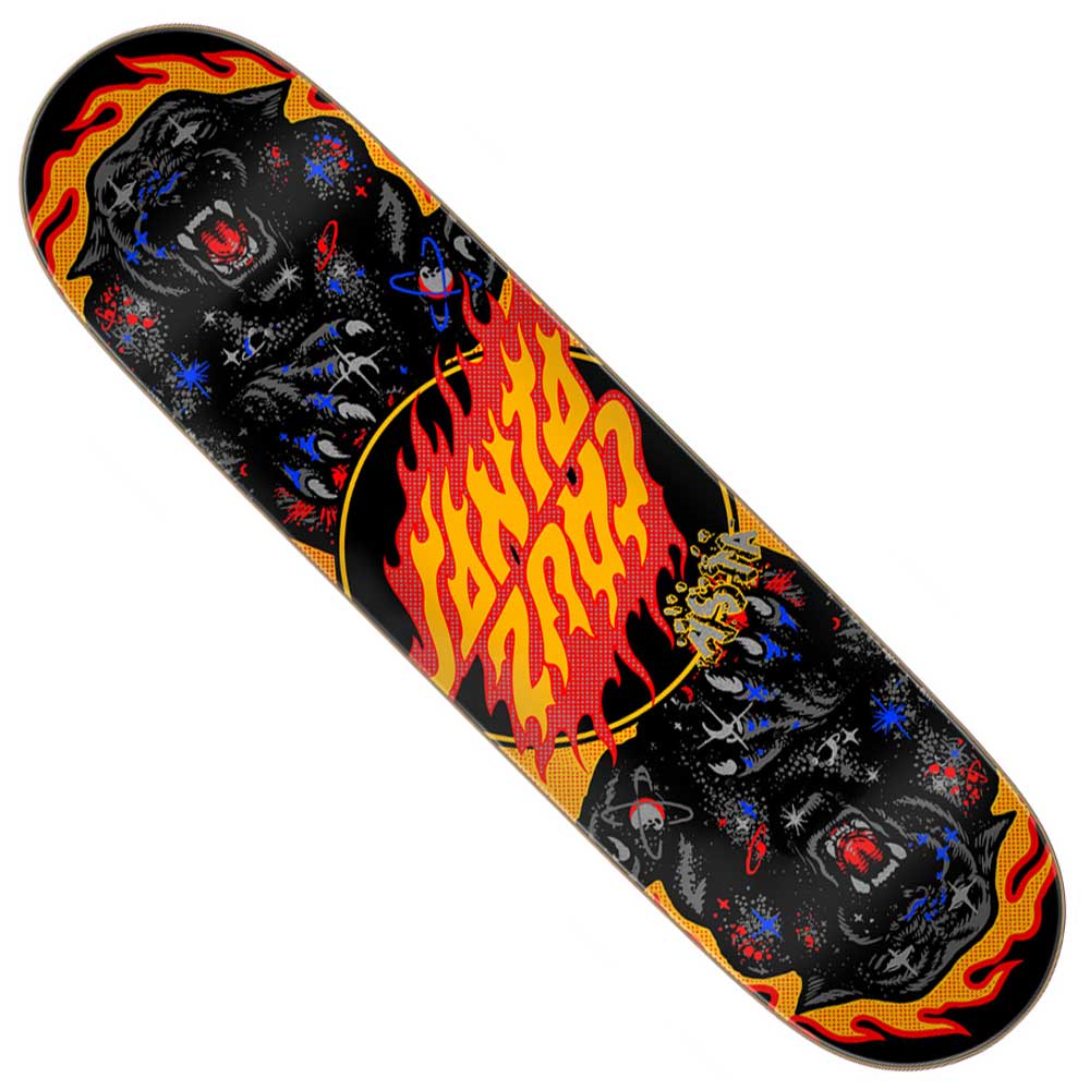 Introducing the Asta Cosmic Cat Twin Pro 8.2in x 31.6in Santa Cruz Deck—a skateboard deck by Santa Cruz Skateboards, showcasing a vivid flaming yellow and red Santa Cruz logo encircled by fierce black panthers, with striking electric blue and red accents, all framed in a bold yellow flame border. Built with durable 7-ply construction and inspired by the fearless style of the Asta Cosmic Cat Twin Pro series.