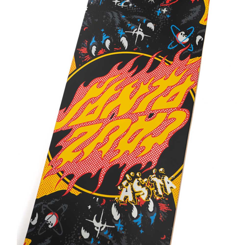 The Asta Cosmic Cat Twin Pro 8.2in x 31.6in Santa Cruz Deck features a vibrant design, showcasing striking red stylized text outlined in yellow flames, surrounded by whimsical cartoon characters and atomic symbols set against a black background with yellow polka dot accents. Constructed with durable 7-ply maple, this deck includes the signature “ASTA” lettering at the bottom for an authentic touch.