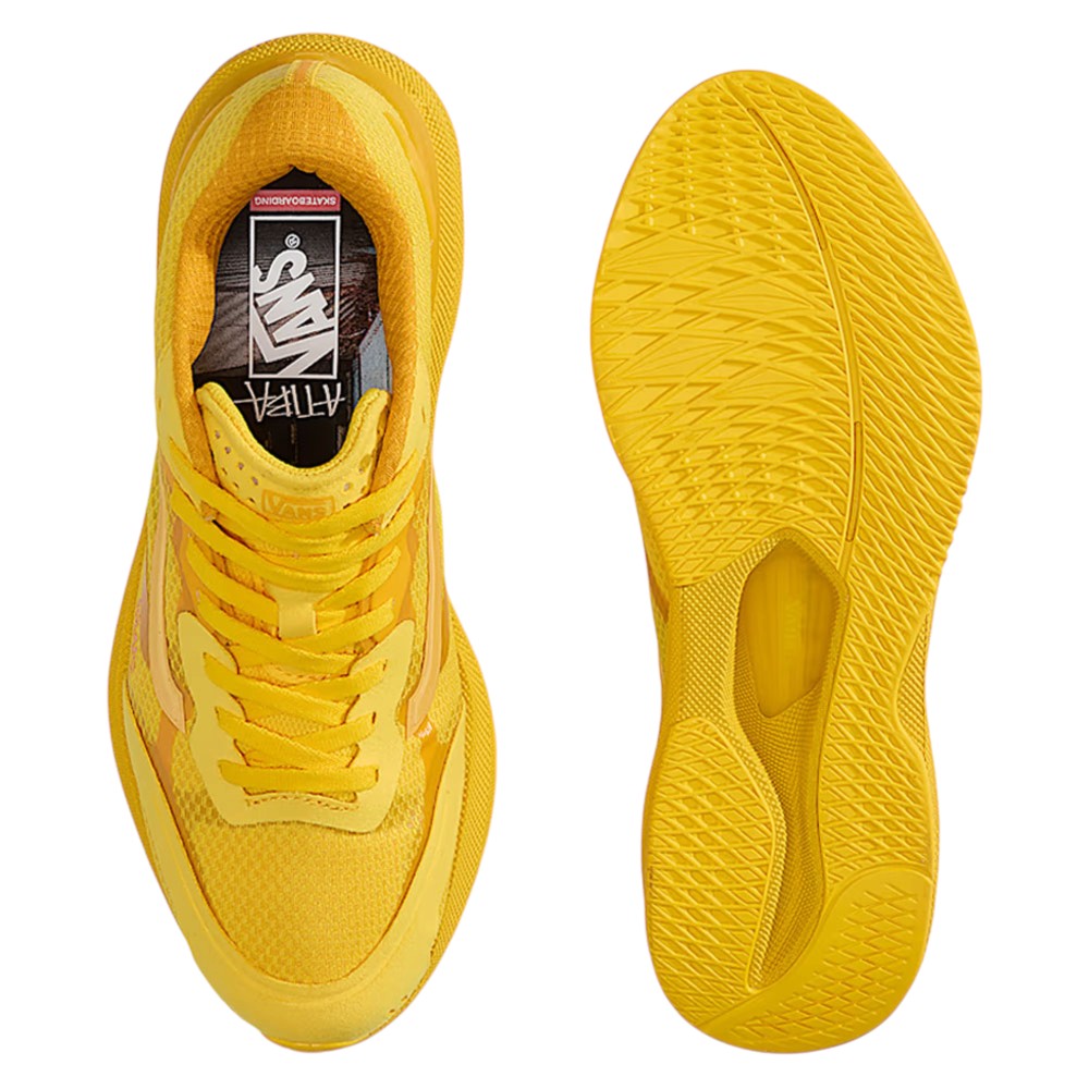 Top and bottom views of bright yellow Atiba Vans AVE Rapid LX Gold VN000Y1MGLD Suede Skateboarding Shoes featuring FeatherKnit construction and a textured rubber outsole.