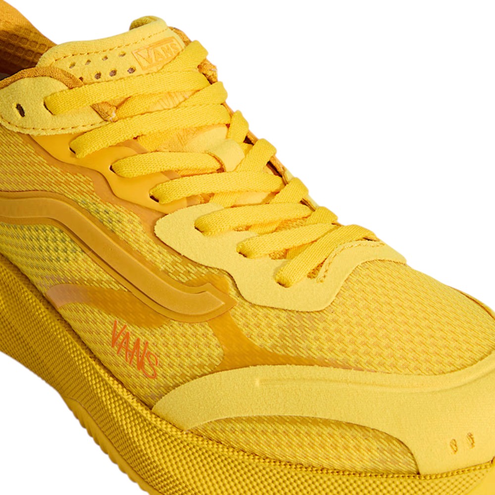 Atiba Vans AVE Rapid LX Gold VN000Y1MGLD Suede Skateboarding Shoes in bright yellow, featuring FeatherKnit construction, matching laces, a mesh and synthetic upper, and a textured rubber sole.