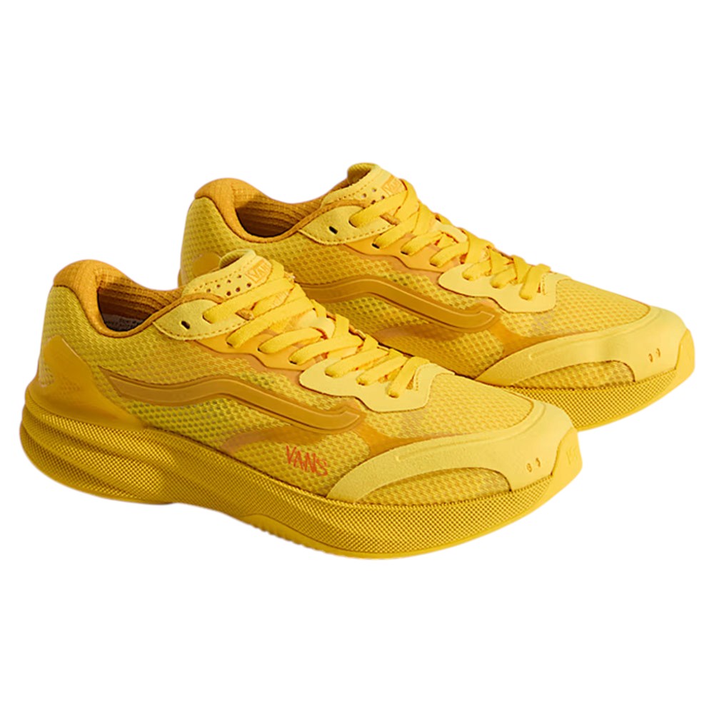Bright yellow Atiba Vans AVE Rapid LX Gold VN000Y1MGLD Suede Skateboarding Shoes featuring mesh uppers and matching laces.