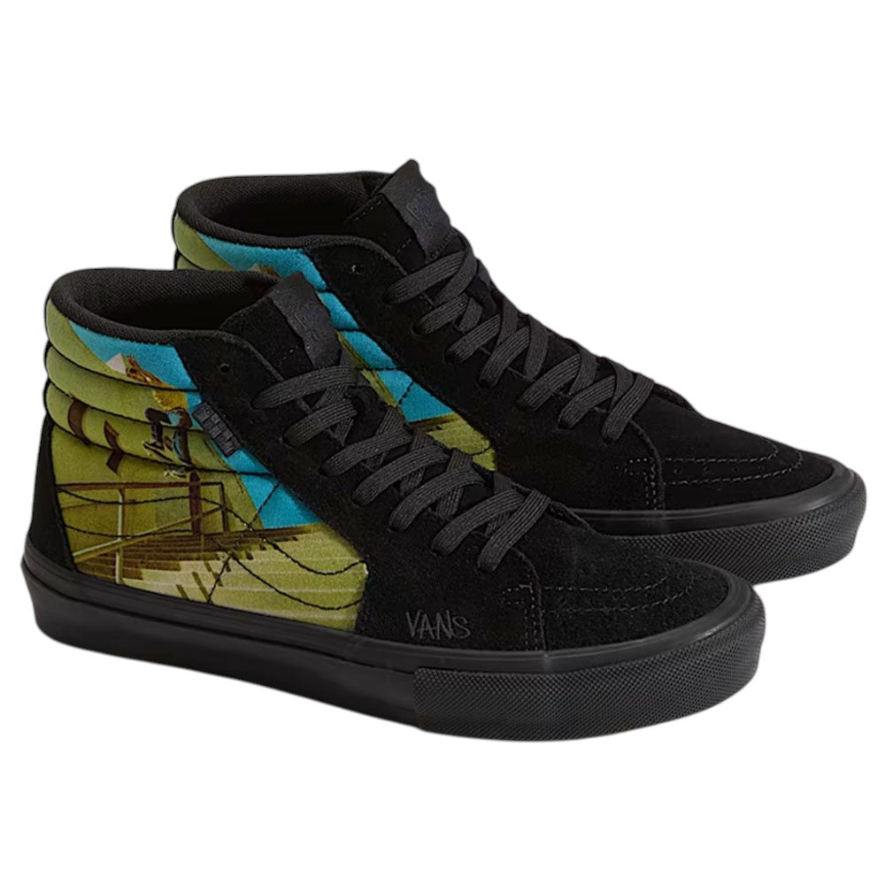 Atiba Vans Sk8 HI Black Multi VN0A5FCCBOV high-top black skate shoes featuring a colorful graphic of a skateboarder on the side panels and impact-protecting PopCush insoles.